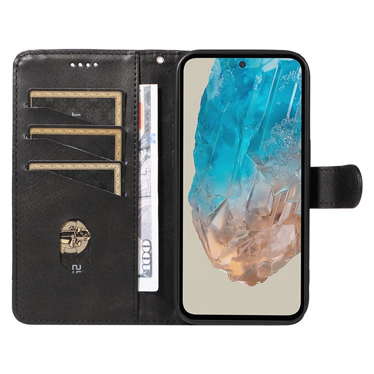 For Samsung Galaxy M35 5G Case Wallet Card Slots Protective Leather Phone Cover T-Shape Lines - Black