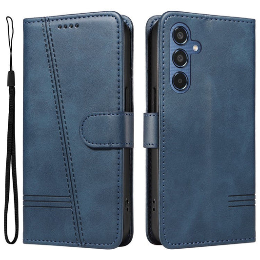 For Samsung Galaxy M35 5G Case Wallet Card Slots Protective Leather Phone Cover T-Shape Lines - Blue