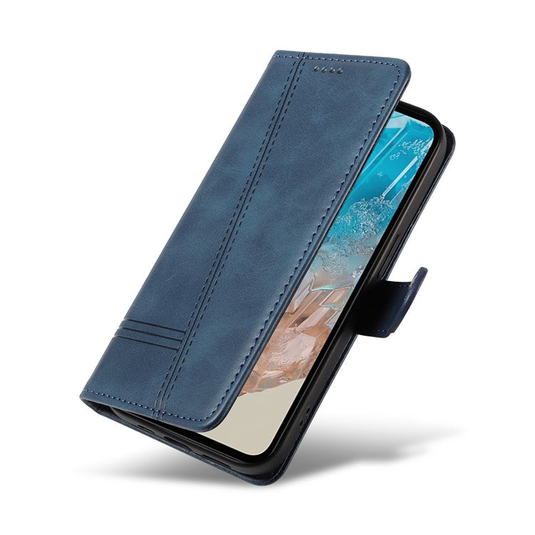 For Samsung Galaxy M35 5G Case Wallet Card Slots Protective Leather Phone Cover T-Shape Lines - Blue