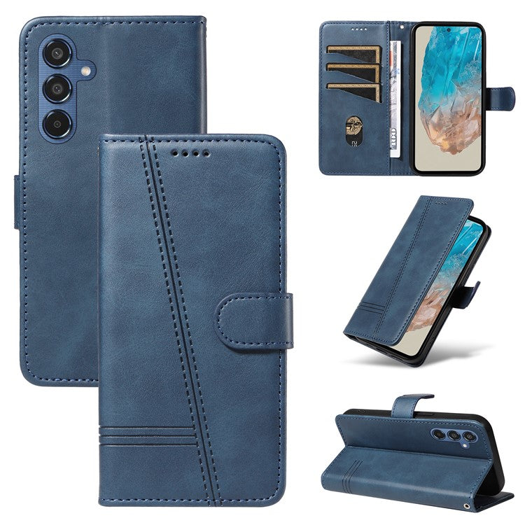 For Samsung Galaxy M35 5G Case Wallet Card Slots Protective Leather Phone Cover T-Shape Lines - Blue