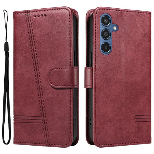 For Samsung Galaxy M35 5G Case Wallet Card Slots Protective Leather Phone Cover T-Shape Lines - Wine Red