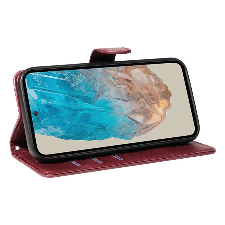 For Samsung Galaxy M35 5G Case Wallet Card Slots Protective Leather Phone Cover T-Shape Lines - Wine Red