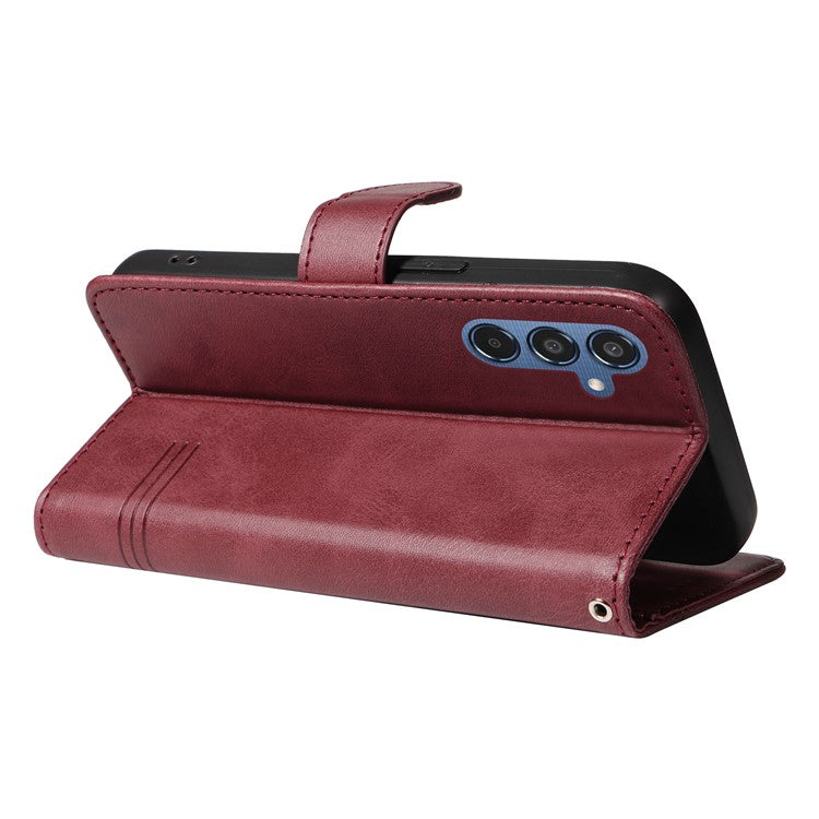 For Samsung Galaxy M35 5G Case Wallet Card Slots Protective Leather Phone Cover T-Shape Lines - Wine Red