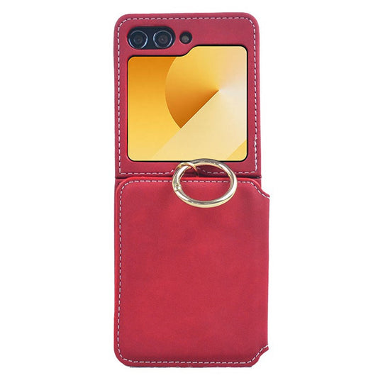 For Samsung Galaxy Z Flip7 FE 5G / Z Flip6 5G Case Card Slot Finger Ring Holder Leather + PC Phone Cover - Red