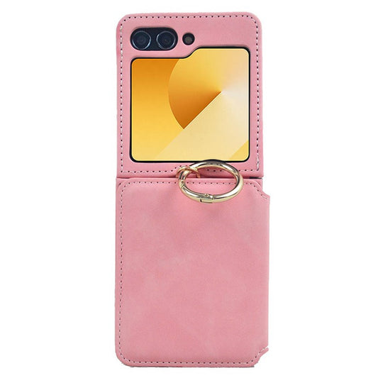 For Samsung Galaxy Z Flip7 FE 5G / Z Flip6 5G Case Card Slot Finger Ring Holder Leather + PC Phone Cover - Pink