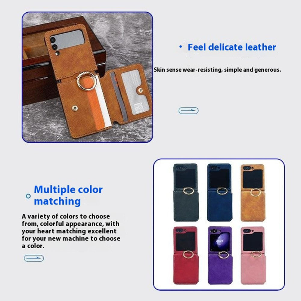 For Samsung Galaxy Z Flip7 FE 5G / Z Flip6 5G Case Card Slot Finger Ring Holder Leather + PC Phone Cover - Pink