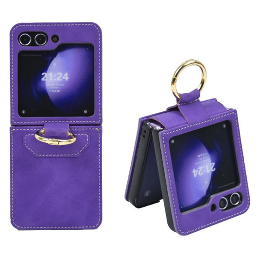 For Samsung Galaxy Z Flip7 FE 5G / Z Flip6 5G Case Ring Holder Kickstand Leather + PC Phone Cover - Purple