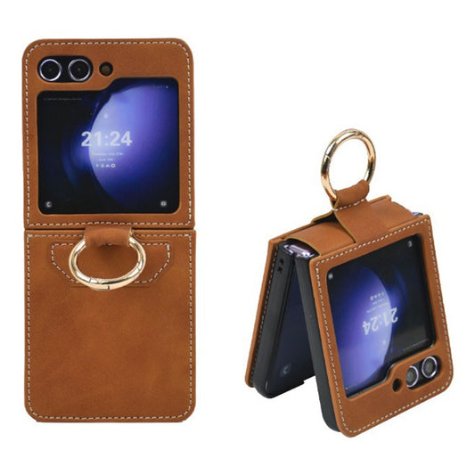 For Samsung Galaxy Z Flip7 FE 5G / Z Flip6 5G Case Ring Holder Kickstand Leather + PC Phone Cover - Brown