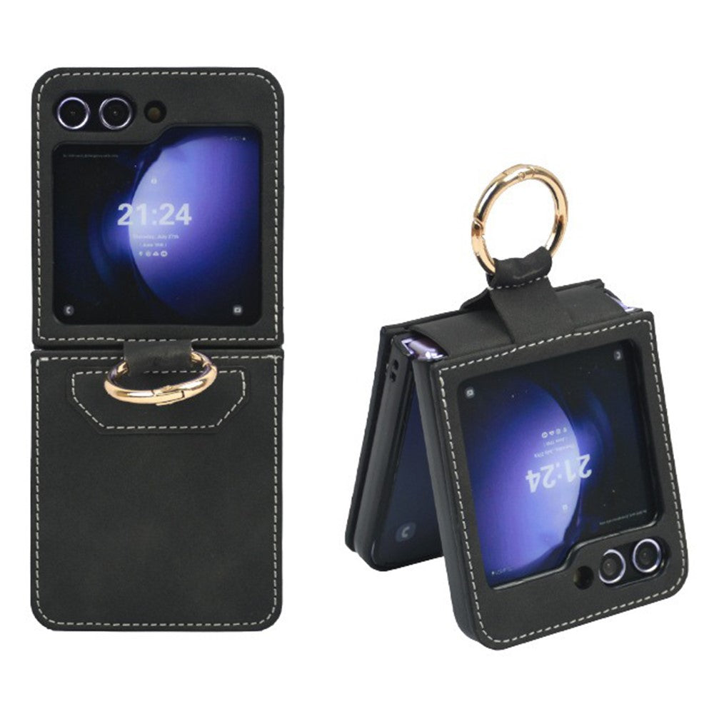 For Samsung Galaxy Z Flip7 FE 5G / Z Flip6 5G Case Ring Holder Kickstand Leather + PC Phone Cover - Black