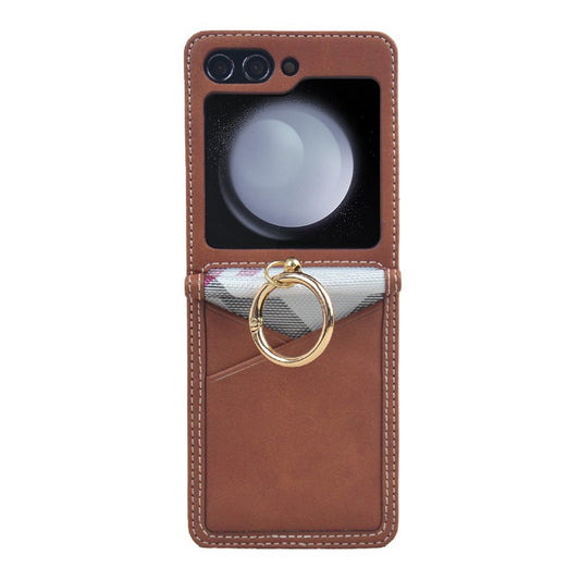 For Samsung Galaxy Z Flip7 FE 5G / Z Flip6 5G Case Metal Ring Card Holder Leather Coated PC Phone Cover - Dark Brown