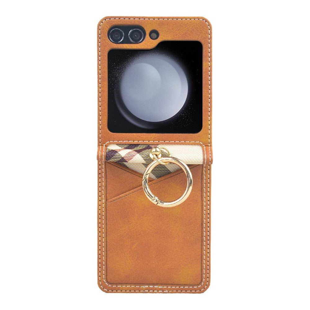 For Samsung Galaxy Z Flip7 FE 5G / Z Flip6 5G Case Metal Ring Card Holder Leather Coated PC Phone Cover - Brown