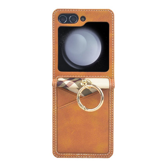 For Samsung Galaxy Z Flip7 FE 5G / Z Flip6 5G Case Metal Ring Card Holder Leather Coated PC Phone Cover - Brown
