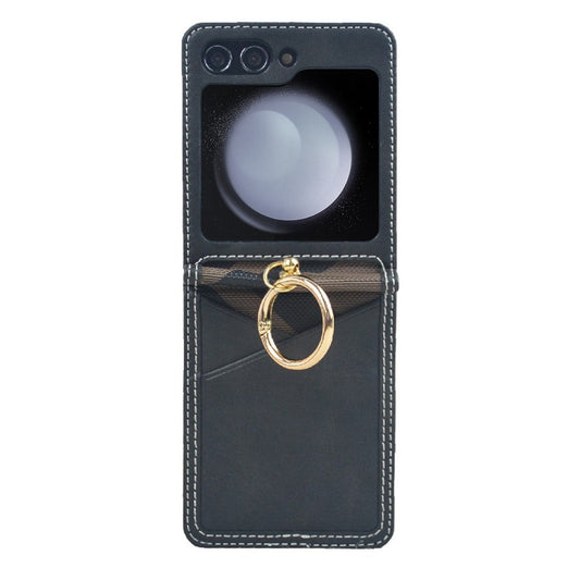 For Samsung Galaxy Z Flip7 FE 5G / Z Flip6 5G Case Metal Ring Card Holder Leather Coated PC Phone Cover - Black
