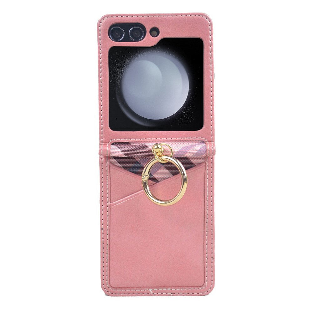 For Samsung Galaxy Z Flip7 FE 5G / Z Flip6 5G Case Metal Ring Card Holder Leather Coated PC Phone Cover - Pink