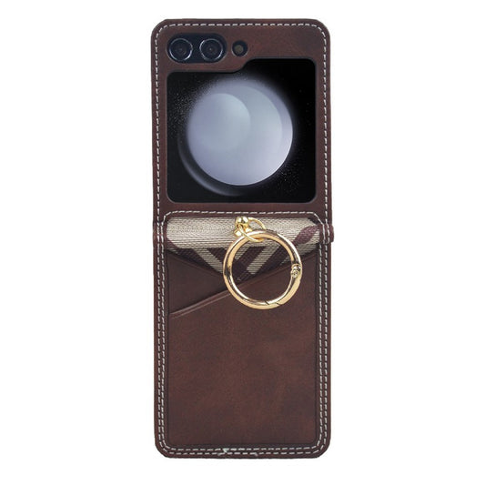 For Samsung Galaxy Z Flip7 FE 5G / Z Flip6 5G Case Metal Ring Card Holder Leather Coated PC Phone Cover - Coffee