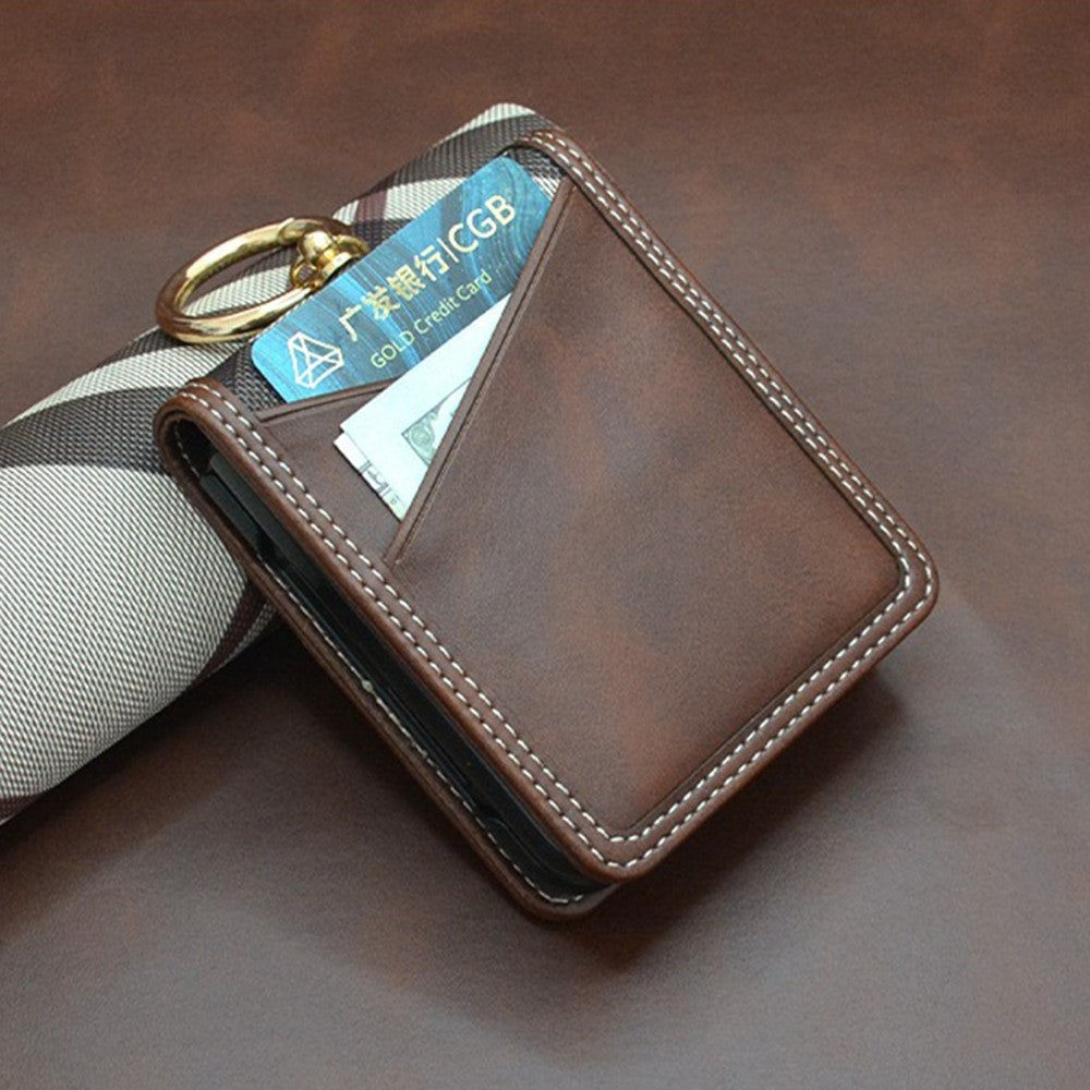 For Samsung Galaxy Z Flip7 FE 5G / Z Flip6 5G Case Metal Ring Card Holder Leather Coated PC Phone Cover - Coffee