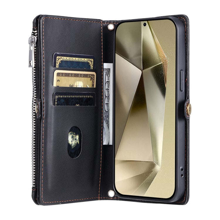 015 Style For Samsung Galaxy S24 Ultra Case TPU+PU Leather Wallet Phone Cover with Straps - Black