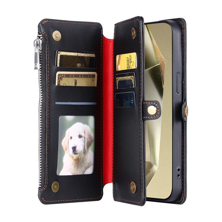 015 Style For Samsung Galaxy S24 Ultra Case TPU+PU Leather Wallet Phone Cover with Straps - Black