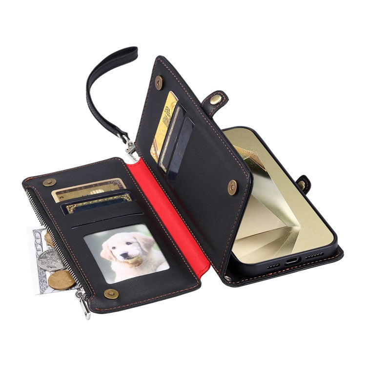 015 Style For Samsung Galaxy S24 Ultra Case TPU+PU Leather Wallet Phone Cover with Straps - Black