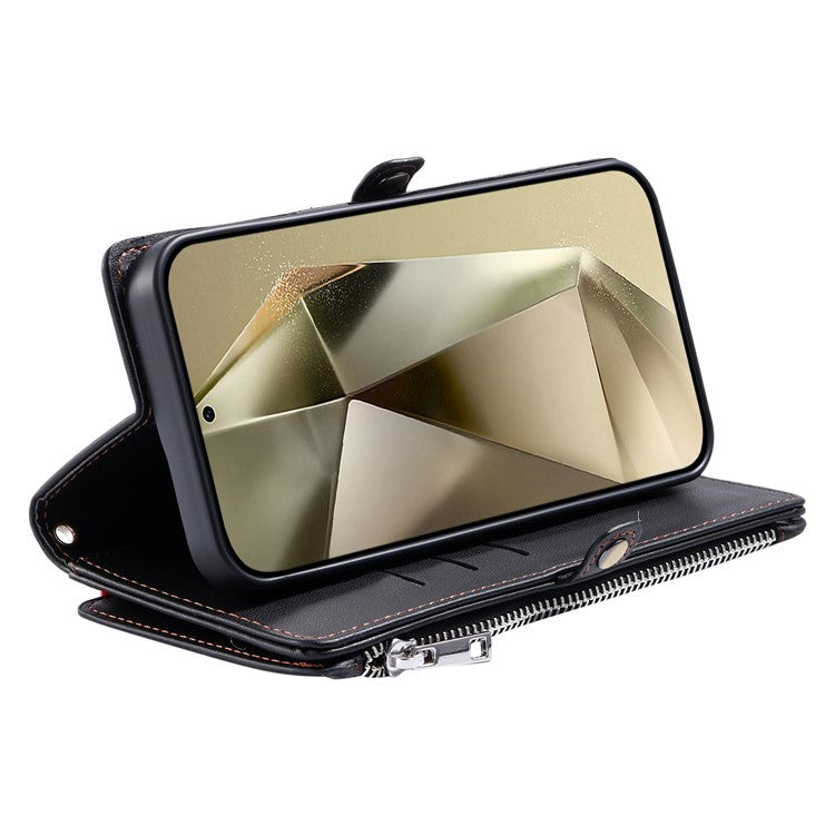 015 Style For Samsung Galaxy S24 Ultra Case TPU+PU Leather Wallet Phone Cover with Straps - Black