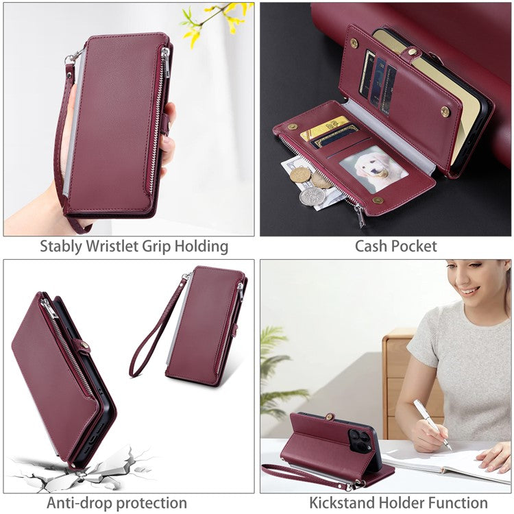 015 Style For Samsung Galaxy A25 5G (Global) (161.0 x 76.5 x 8.3mm) Phone Case Leather Wallet Cover - Wine Red