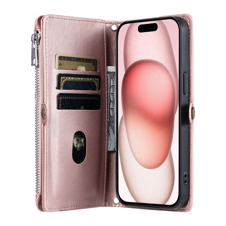 015 Style For iPhone 16 Pro Case Protective Leather Wallet Phone Cover with Straps - Rose Gold