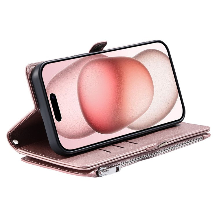 015 Style For iPhone 16 Pro Case Protective Leather Wallet Phone Cover with Straps - Rose Gold