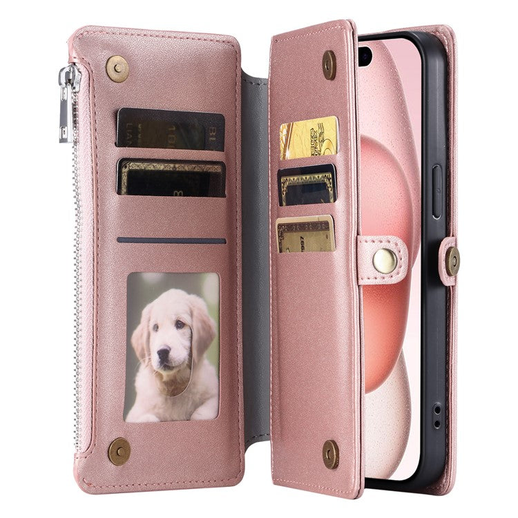 015 Style For iPhone 16 Pro Case Protective Leather Wallet Phone Cover with Straps - Rose Gold