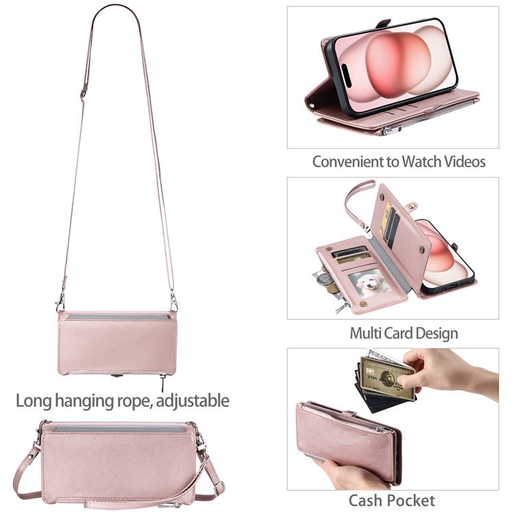 015 Style For iPhone 16 Pro Case Protective Leather Wallet Phone Cover with Straps - Rose Gold