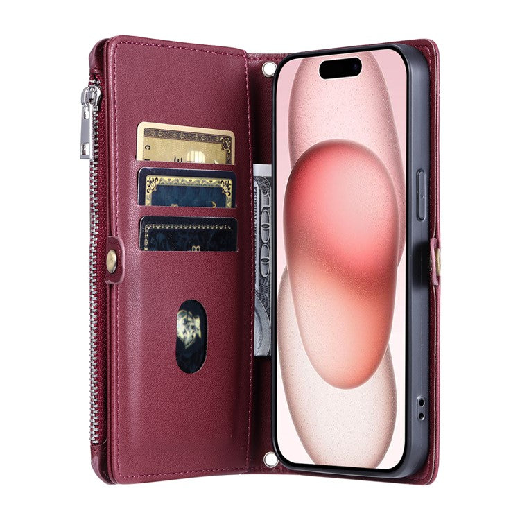 015 Style For iPhone 16 Case Anti-Scratch Card Slots Leather Phone Cover with Straps - Wine Red