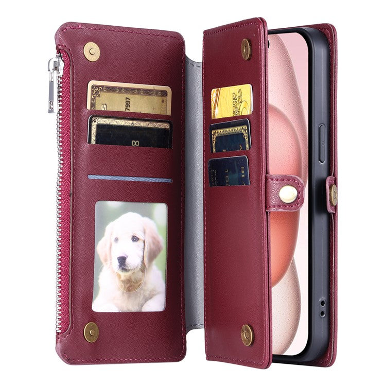015 Style For iPhone 16 Case Anti-Scratch Card Slots Leather Phone Cover with Straps - Wine Red