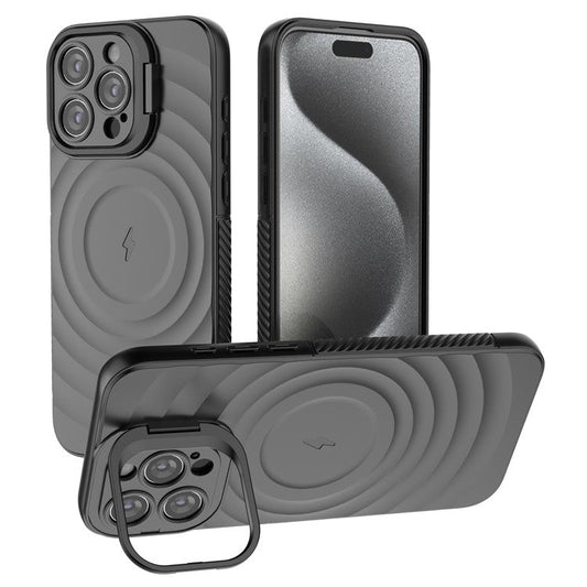 For iPhone 16 Pro Magnetic Case PC Kickstand Ripple Texture TPU Phone Cover - Black