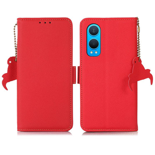 TJ For OnePlus Nord CE4 Lite 5G / Oppo K12x 5G (China) Case RFID Blocking Genuine Cow Leather Phone Cover - Red