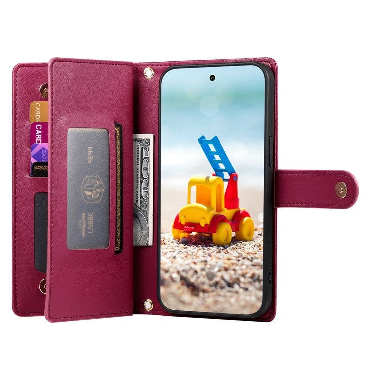 DF-011 For Google Pixel 9 Pro XL Leather Case Zipper Wallet Stand Crossbody Phone Cover - Red
