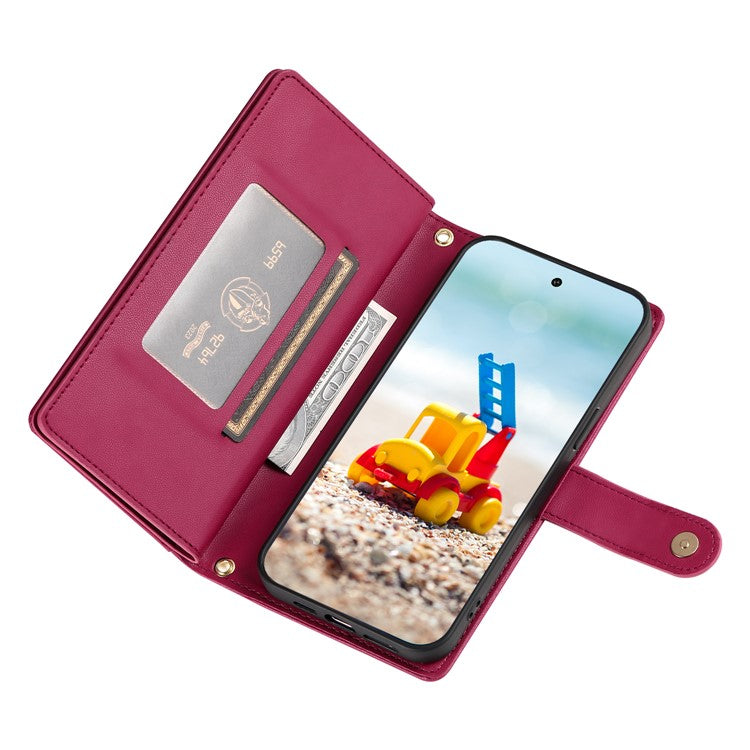 DF-011 For Google Pixel 9 Pro XL Leather Case Zipper Wallet Stand Crossbody Phone Cover - Red