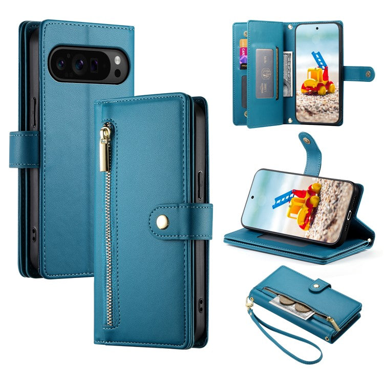 DF-011 For Google Pixel 9 Pro XL Leather Case Zipper Wallet Stand Crossbody Phone Cover - Blue