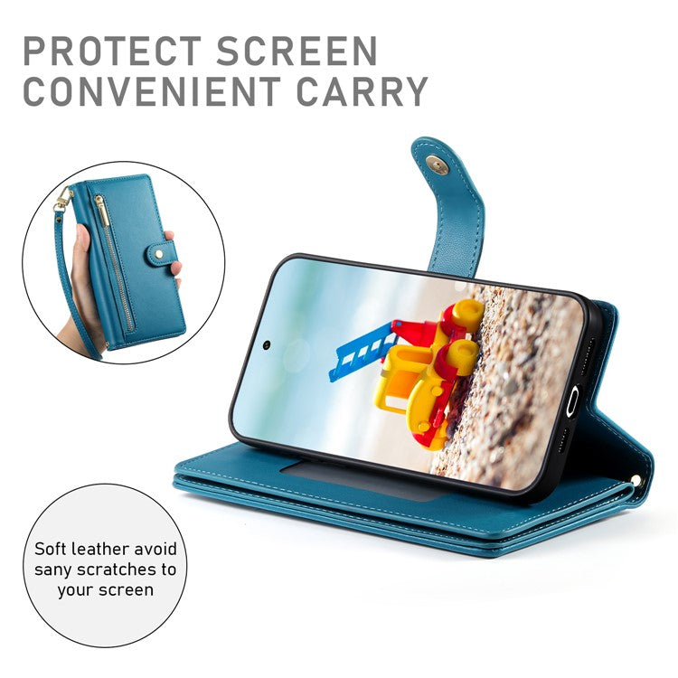 DF-011 For Google Pixel 9 Pro XL Leather Case Zipper Wallet Stand Crossbody Phone Cover - Blue