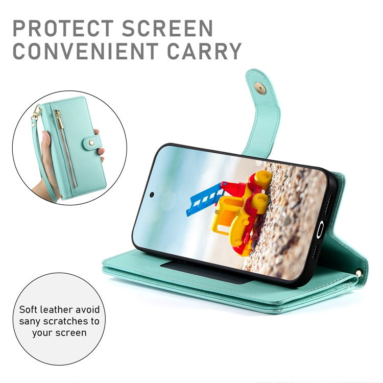 DF-011 For Google Pixel 9 Pro XL Leather Case Zipper Wallet Stand Crossbody Phone Cover - Mint Green