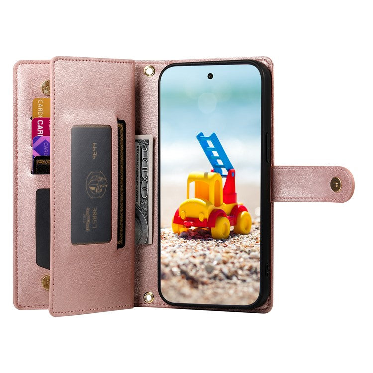DF-011 For Google Pixel 9 Pro XL Leather Case Zipper Wallet Stand Crossbody Phone Cover - Pink