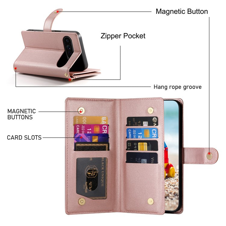 DF-011 For Google Pixel 9 Pro XL Leather Case Zipper Wallet Stand Crossbody Phone Cover - Pink