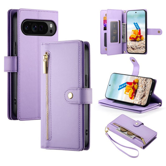 DF-011 For Google Pixel 9 Pro XL Leather Case Zipper Wallet Stand Crossbody Phone Cover - Purple