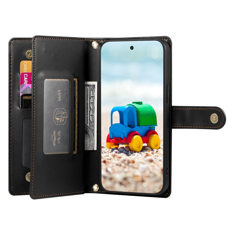 DF-011 For Google Pixel 9 / Pixel 9 Pro Case Multiple Card Slots Zipper PU Leather Phone Cover - Black