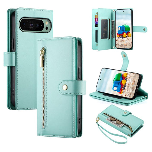 DF-011 For Google Pixel 9 / Pixel 9 Pro Case Multiple Card Slots Zipper PU Leather Phone Cover - Mint Green