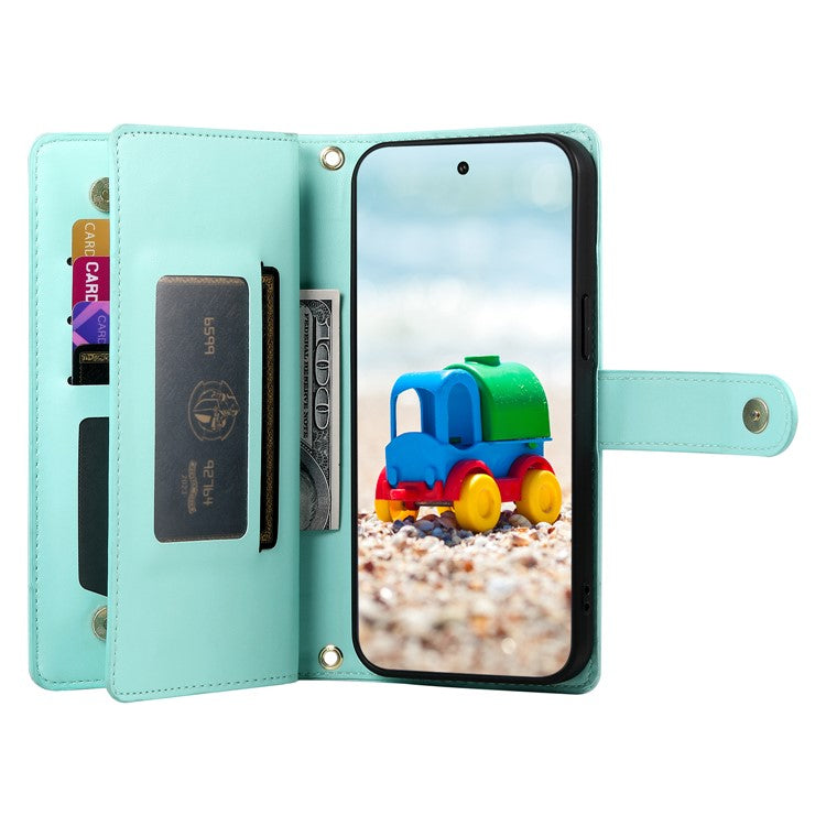 DF-011 For Google Pixel 9 / Pixel 9 Pro Case Multiple Card Slots Zipper PU Leather Phone Cover - Mint Green