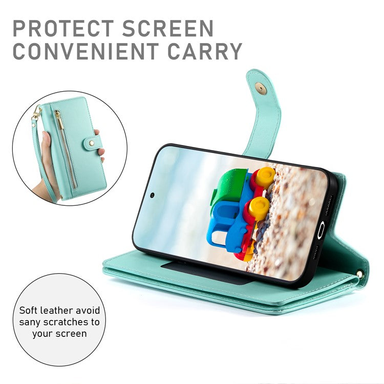 DF-011 For Google Pixel 9 / Pixel 9 Pro Case Multiple Card Slots Zipper PU Leather Phone Cover - Mint Green