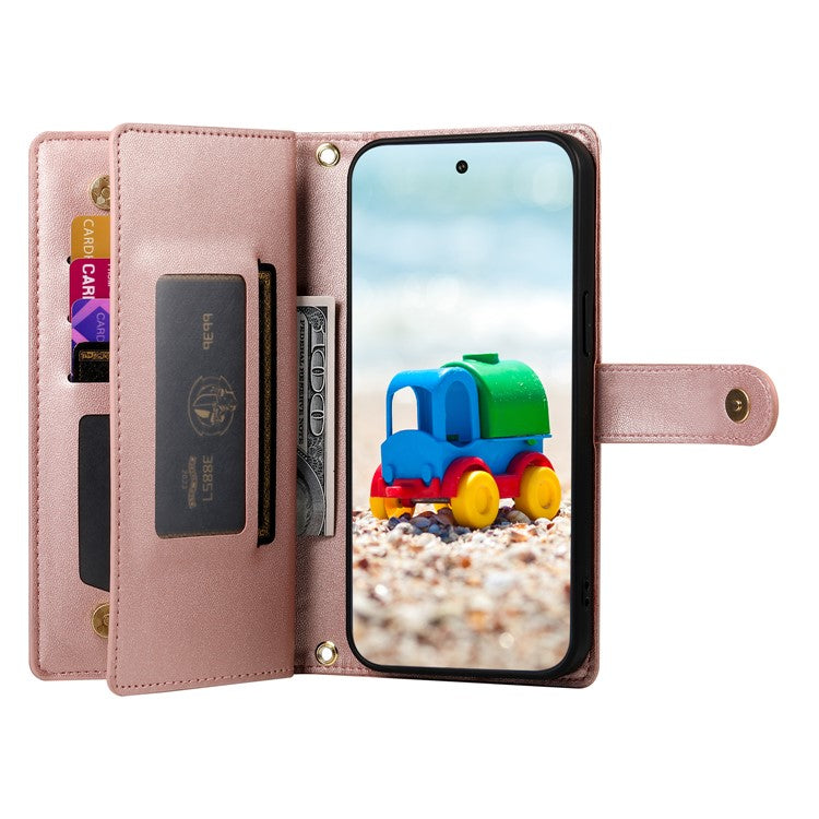 DF-011 For Google Pixel 9 / Pixel 9 Pro Case Multiple Card Slots Zipper PU Leather Phone Cover - Pink