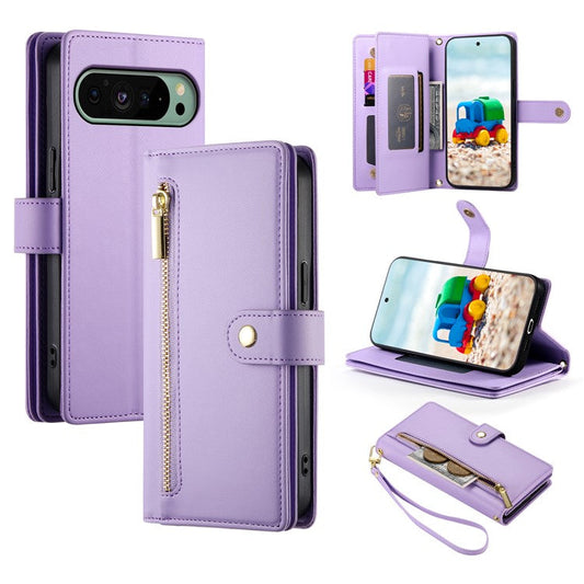 DF-011 For Google Pixel 9 / Pixel 9 Pro Case Multiple Card Slots Zipper PU Leather Phone Cover - Purple