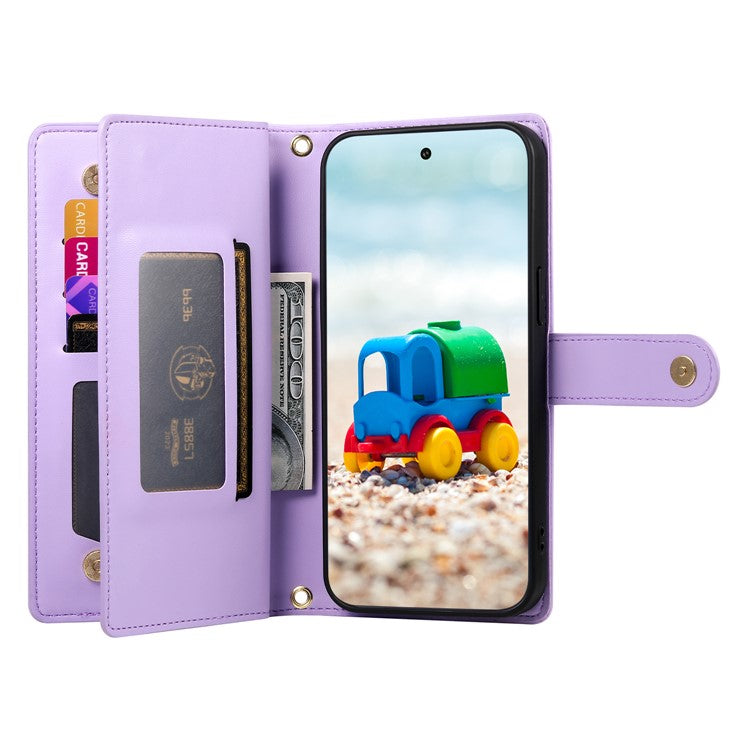 DF-011 For Google Pixel 9 / Pixel 9 Pro Case Multiple Card Slots Zipper PU Leather Phone Cover - Purple