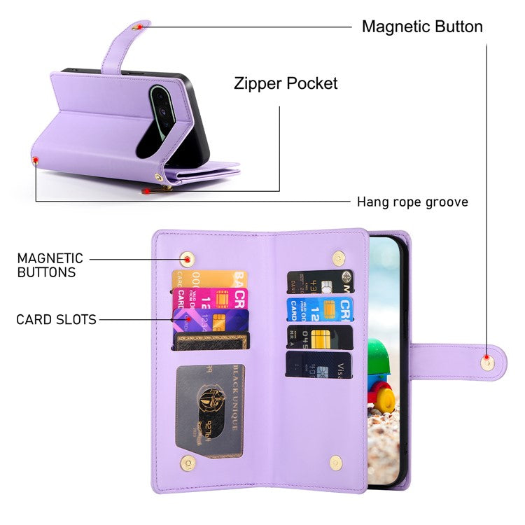 DF-011 For Google Pixel 9 / Pixel 9 Pro Case Multiple Card Slots Zipper PU Leather Phone Cover - Purple