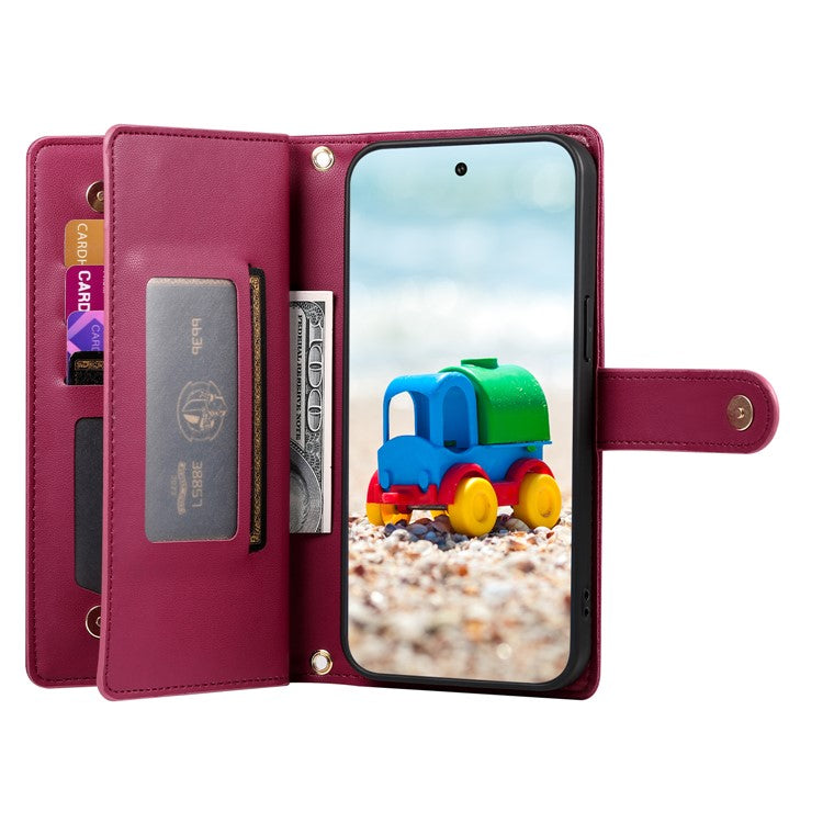 DF-011 For Google Pixel 9 / Pixel 9 Pro Case Multiple Card Slots Zipper PU Leather Phone Cover - Red